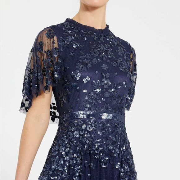 MAC DUGGAL 9192 Sequined High Neck Flutter Sleeve A Line Gown Blue 12 - Picture 4 of 15